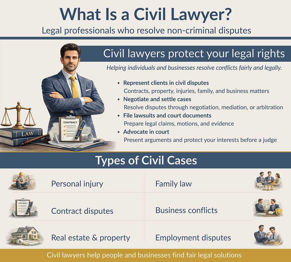 Infographic explaining what a civil lawyer does including contracts property disputes and civil litigation in Queens New York
